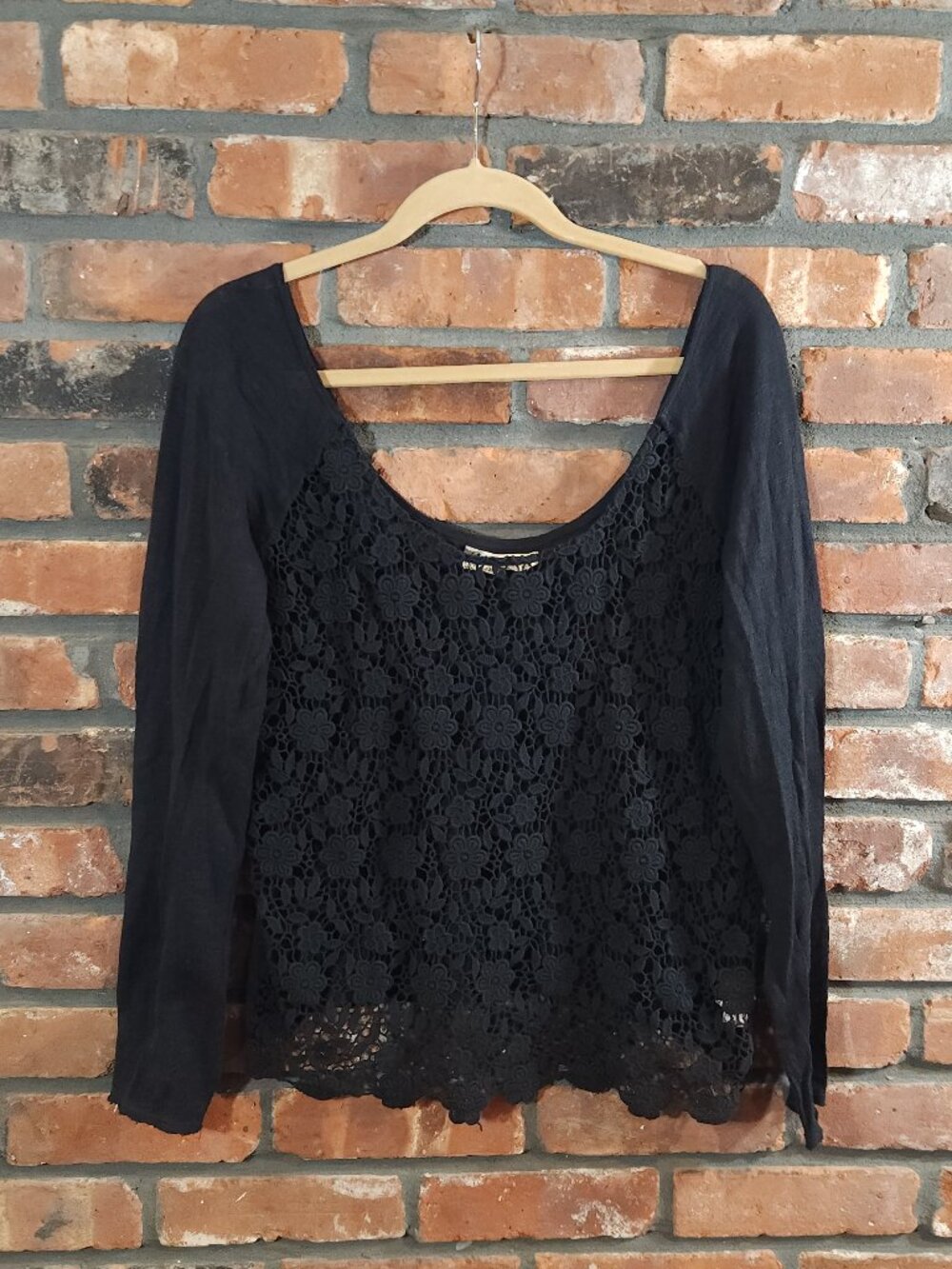 Free People Crocheted Floral Raglan Sleeve Cotton Top Boho Festival Women's L